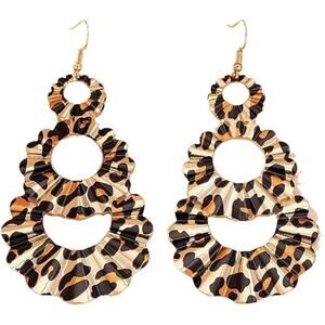 Leopard Print Teardrop Dangle Earrings Brown Geometric Fringe Women